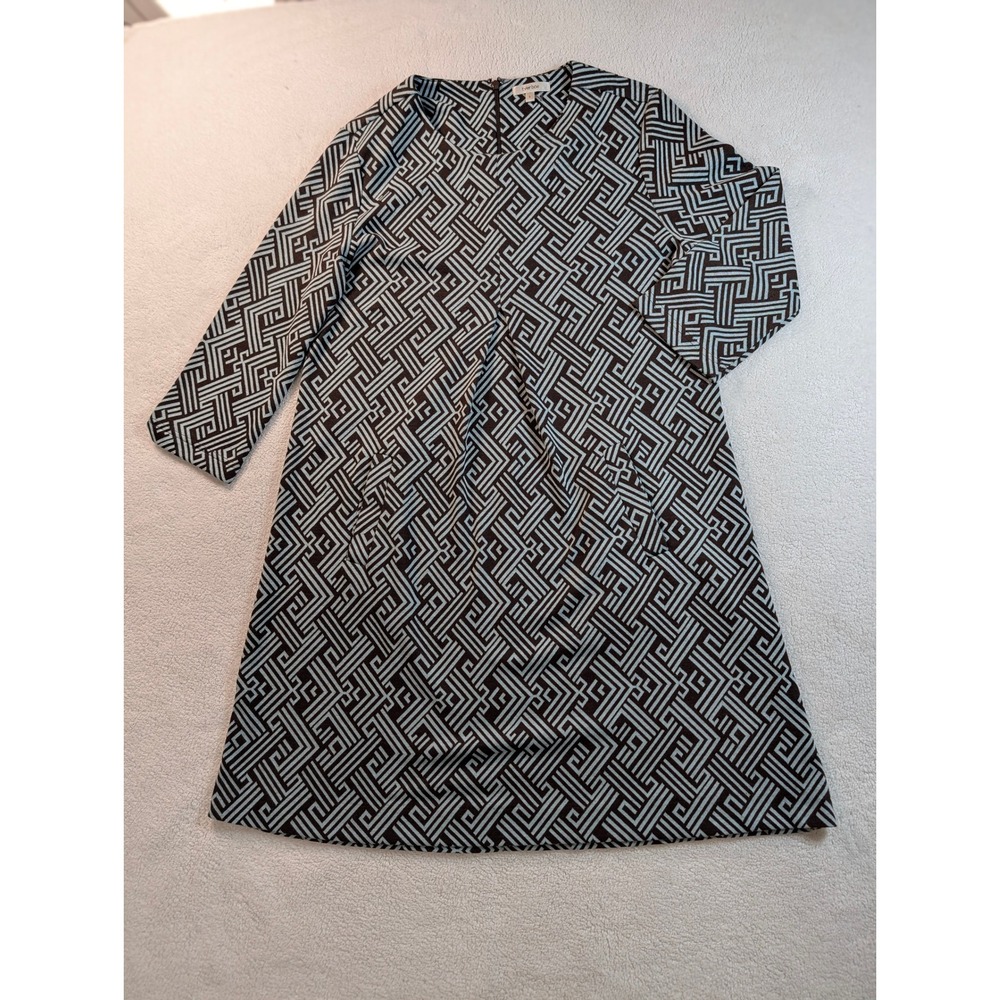 Tyler Boe Brown Blue Geometric Maze Print A-Line Shift Dress Large 3/4 Sleeve